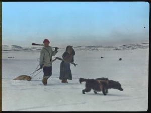 Image: Eskimo [Inuk] and Wife Dragging a Seal, Baffin Land [Kavavou and his Sister Pitseolak Ashoona]